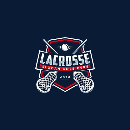Emblem seal badge lacrosse sport badge emblem with crossed lacrosse and shield vector icon on dark background