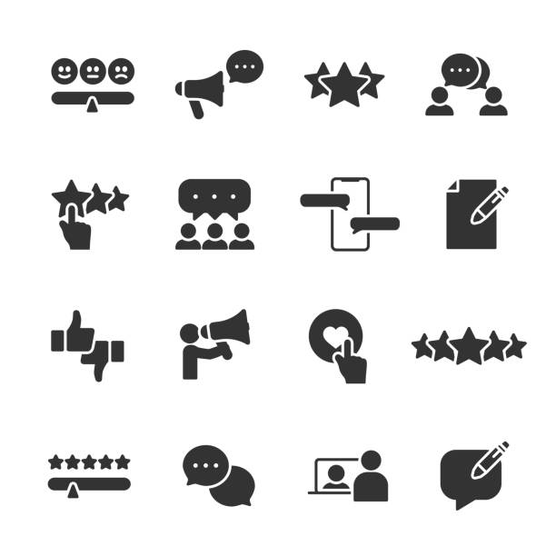 ilustraciones, imágenes clip art, dibujos animados e iconos de stock de conjunto vectorial de iconos de comentarios. - dar feedback