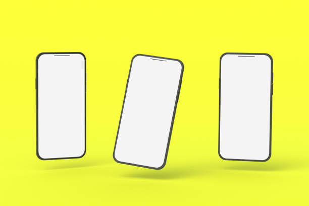 istock Three smartphones with isolated white screen on yellow background. 3d render 1348205776