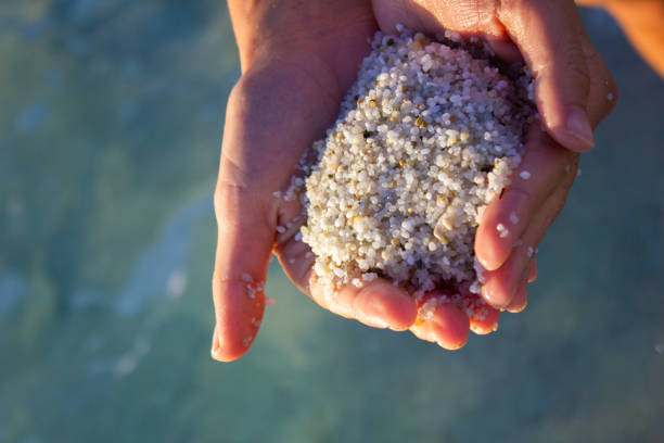 istock Quartz sand in the female hands 1348206485