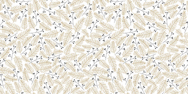 ilustraciones, imágenes clip art, dibujos animados e iconos de stock de patrón navideño con abeto dorado y bayas sobre fondo blanco. ilustración vectorial perfecta. - pine tree evergreen tree backgrounds needle