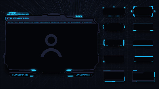 A modern frame theme for streaming panel screen. A design template for a set of overlay frames for streaming games, as well as buttons. Sci Fi modern user interface elements. Vector futuristic design