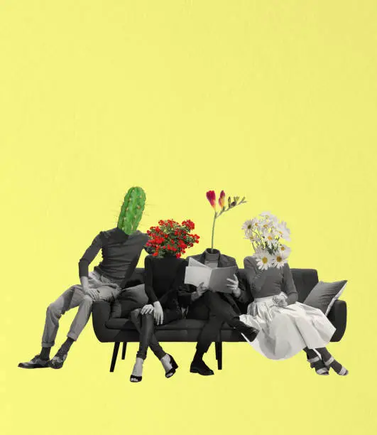 Photo of Contemporary art collage of group of people with flowers head sitting on couch isolated over yellow background