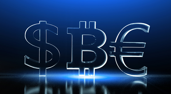 Financial technology concept. Bitcoin, Dollar and Euro symbols on the abstract futuristic background. Financial items