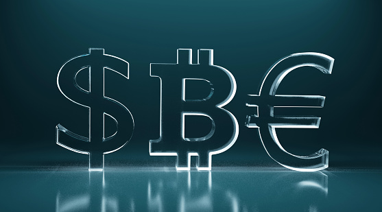 Financial technology concept. Bitcoin, Dollar and Euro symbols on the abstract futuristic background. Financial items