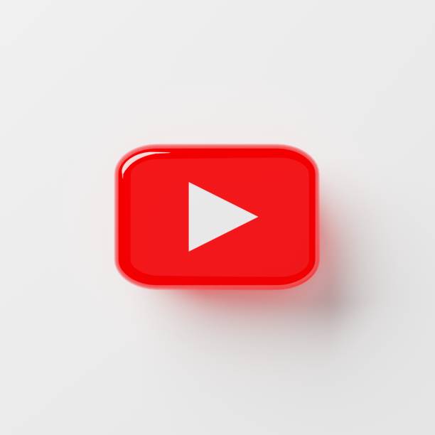 白い背景に赤い再生アイコンボタン。ソーシャルメディアと署名の概念。3d イラストのレンダリング - youtube ストックフォトと画像