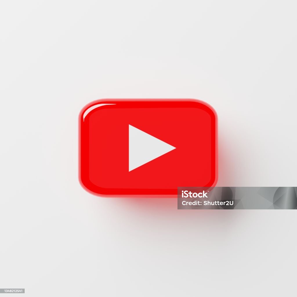 Red play icon button on white background. Social Media and sign concept. 3D illustration rendering Tutorial Stock Photo