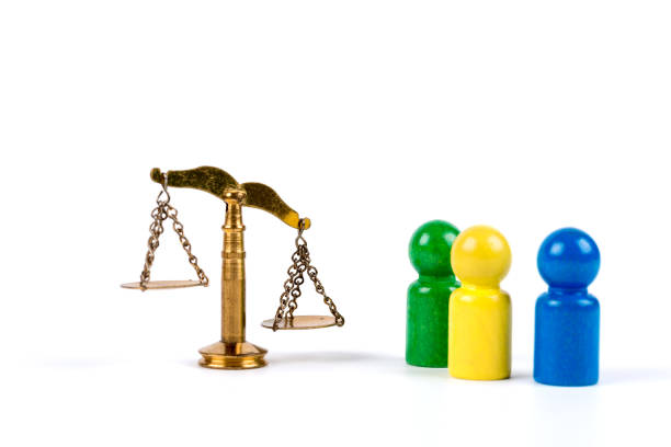 Game characters concepts - Figures standing at a scale - justice and law
