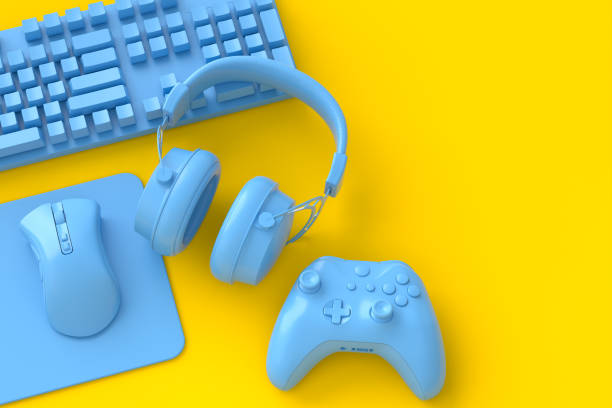 istock Top view of gamer workspace and gear like mouse, keyboard, joystick, headset 1348218355