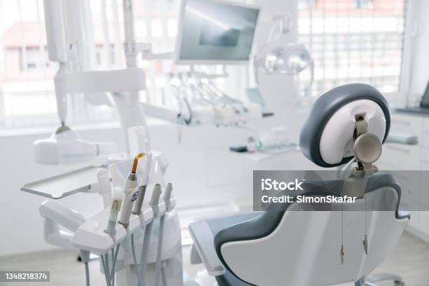 Modern Dental Drills And Empty Chair In The Dentists Office Stock Photo - Download Image Now