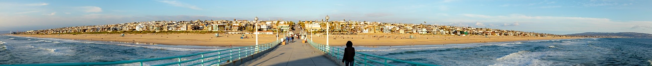 Manhattan Beach, USA - March 4, 2019: scenic beach houses at the promenade of Manhattan beach, USA near Los Angeles.