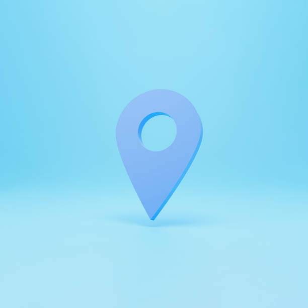 istock LOCATION pin arrow. The concept of tagging a sign landmark needle tip to create a route search. Isolated on blue background 3D rendering 1348221274