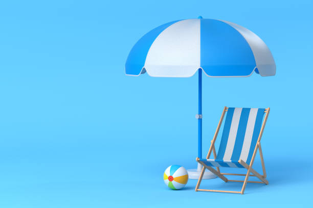 istock Beach chair with umbrella and beach ball on blue background. 1348223711