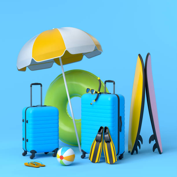 istock Suitcase with beach umbrella and surf board on blue background. 1348223877