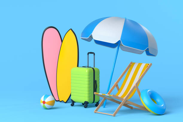 istock Suitcase with beach chair and surf board on blue background. 1348223878