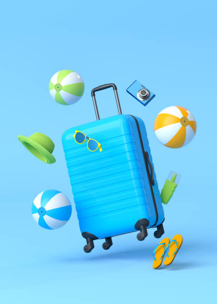 bunter koffer oder gepäck mit strandaccessoires auf blauem hintergrund. - tourism travel travel destinations vertical stock-fotos und bilder