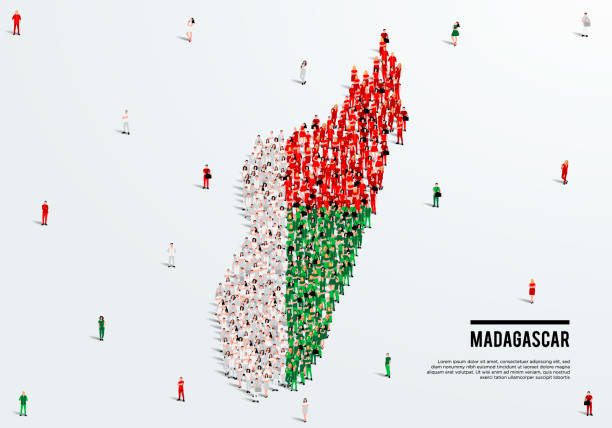 istock Madagascar Map and Flag. A large group of people in the Madagascar flag color form to create the map. Vector Illustration. 1348224849