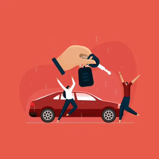 Vector illustration of Excited Spouses buying new car, Car rent sell service concept