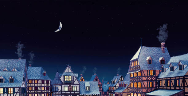 Cozy medieval town rooftops under night moon sky