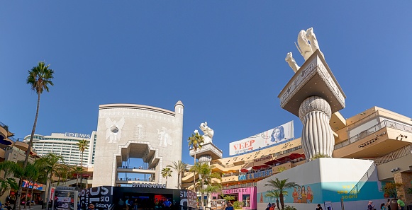 Los Angeles, USA - March 17, 2019: Hollywood and Highland Complex with shops and restaurants and famous elephants.