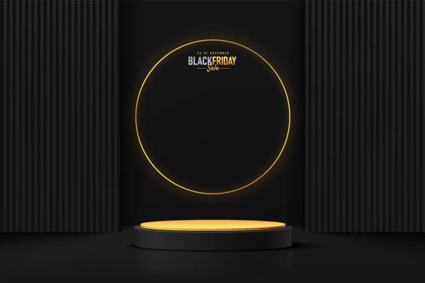 istock Abstract realistic 3D black cylinder pedestal podium with dark vertical rectangle and golden ring. Luxury black friday sale scene for product display presentation. Vector geometric rendering platform. 1348230479