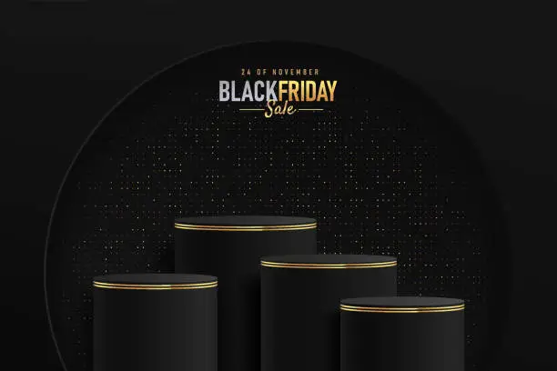 Vector illustration of Abstract realistic 3D black cylinder stand podium set with golden glitter in semi circle window. Luxury black friday sale scene for product display presentation. Vector geometric rendering platform.