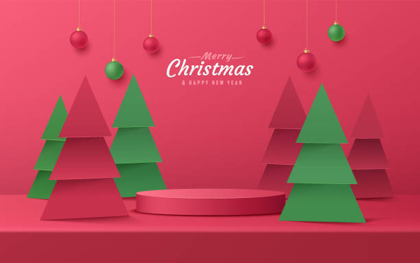 istock Abstract realistic 3D red cylinder pedestal podium set with modern green christmas tree and ball. Merry christmas and happy new year scene for product display presentation. Vector rendering platform. 1348230500