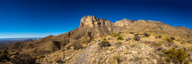 Panorama of El Capitan On Clear Day in Guadalupe Mountains Panorama of El Capitan On Clear Day in Guadalupe Mountains National Park texas mountains stock pictures, royalty-free photos & images
