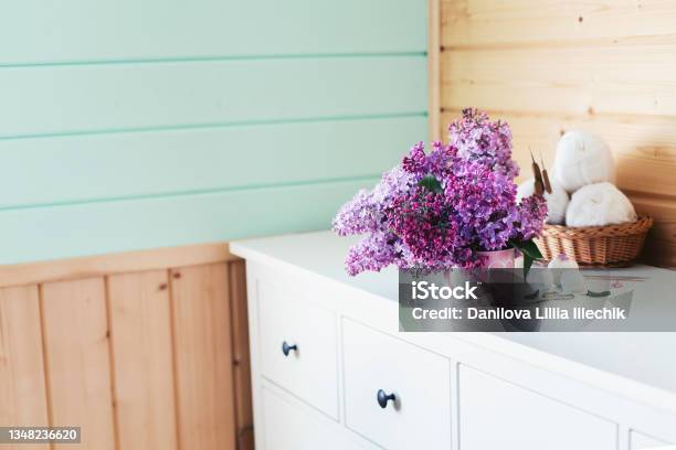 Crochet And Knitting Womens Working Space Bouquet Of Lilac Yarn Crochet Hooks On The Table Favorite Hobby Stock Photo - Download Image Now