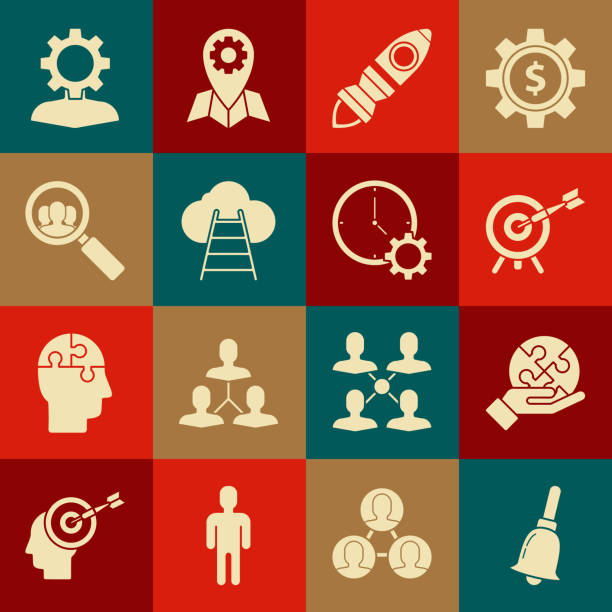 ilustrações de stock, clip art, desenhos animados e ícones de set ringing bell, piece of puzzle hand, target with arrow, rocket ship fire, ladder leading to cloud, magnifying glass for search people, human gear inside and time management icon. vector - star nautical vessel one person direction