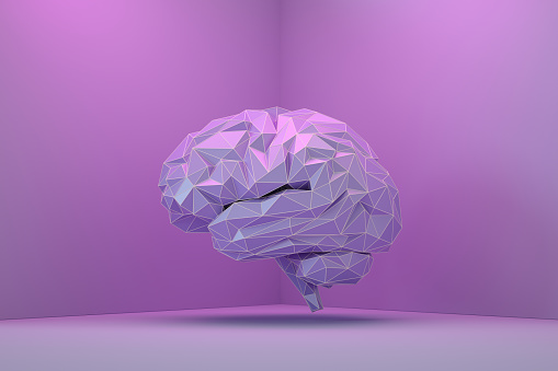 Brain, artificial intelligence concept, low poly, neon lighting