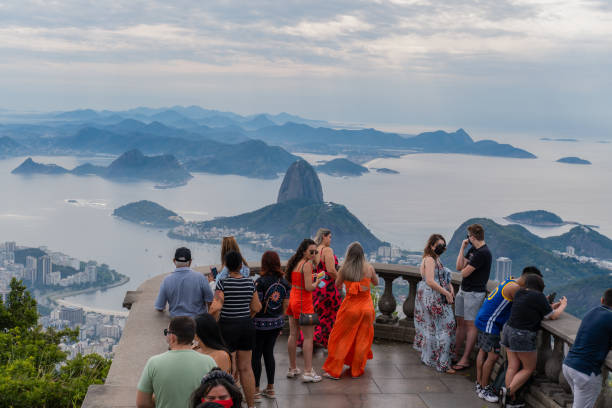 Rio de Janeiro city, Rio de Janeiro state, Brazil - October 04, 2021:People visiting (Cristo Redentor) Christ the Redeemer in the morning.
