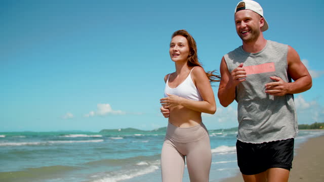 Exercise on the Beach at sunny day, Two people  Sport ,lifestyles