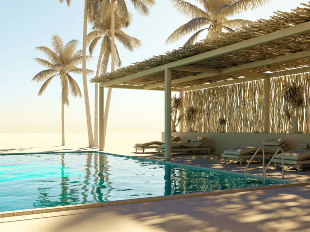 istock 3d render of luxury lifestyle pool and cottage 1348248831