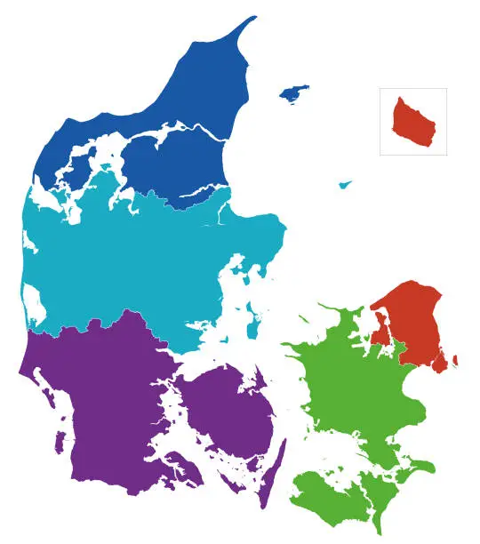 Vector illustration of Map of the 5 administrative regions of Denmark in editable vector format.