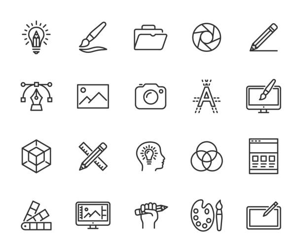 Vector set of graphic design line icons. Contains icons creative idea, drawing, 3D modeling, web design, portfolio, photography and more. Pixel perfect. Vector set of graphic design line icons. Contains icons creative idea, drawing, 3D modeling, web design, portfolio, photography and more. Pixel perfect. design studio stock illustrations