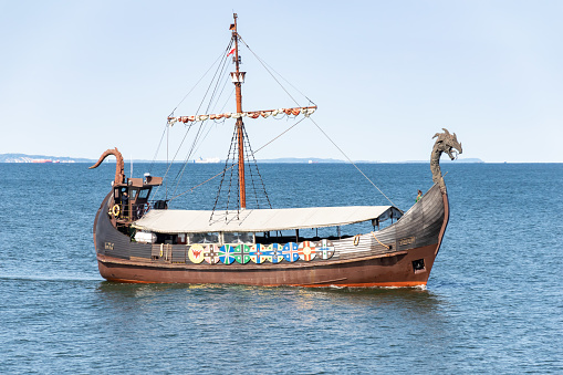 Viking ship sailing on the sea in Midzyzdroje