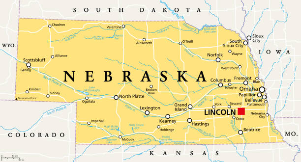 Nebraska, NE, political map, US state, nicknamed Cornhusker State Nebraska, NE, political map with the capital Lincoln and the largest city Omaha. Triply landlocked State in the Midwestern subregion of the United States of America, nicknamed Cornhusker State. Vector kearney nebraska stock illustrations