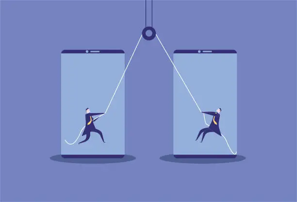 Vector illustration of The two business men in the mobile phone pull the rope with a pulley.