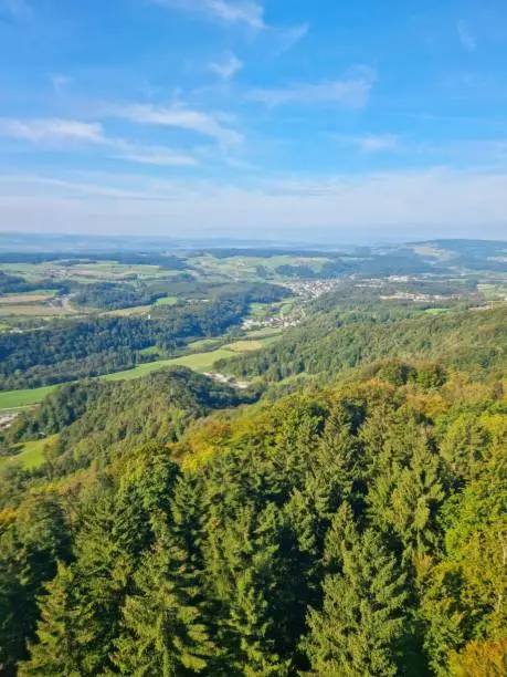 Panoramic view from the Uetliberg hill above Zurich City. The image was captured in autumn season and shows the surrounding hills and forests.
