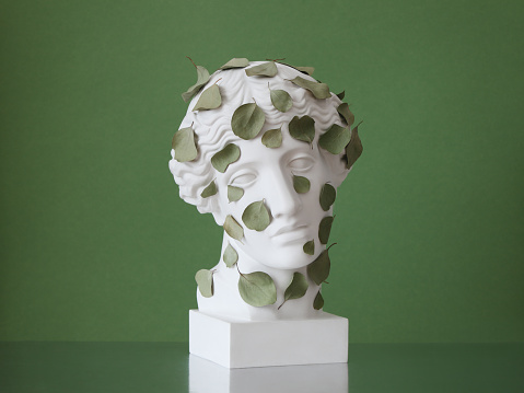 Plaster head model (mass produced replica of Head of an Amazon) with attached leaves