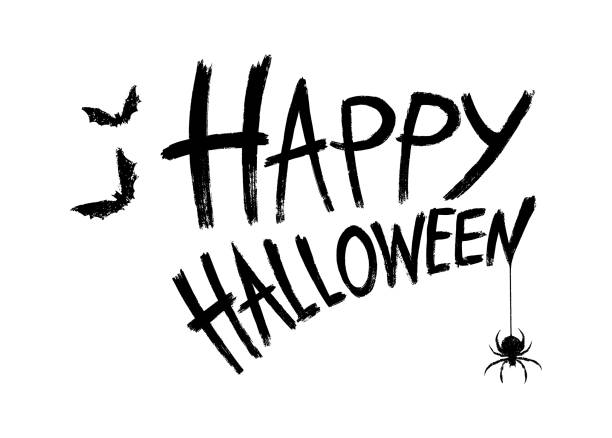 Happy halloween text banner with bats flying, spider, spider web,hand drawn brush isolated on white background, font design , sale template ,website, poster,  vector  illustration Happy halloween text banner with bats flying, spider, spider web,hand drawn brush isolated on white background, font design , sale template ,website, poster,  vector  illustration spider web png stock illustrations