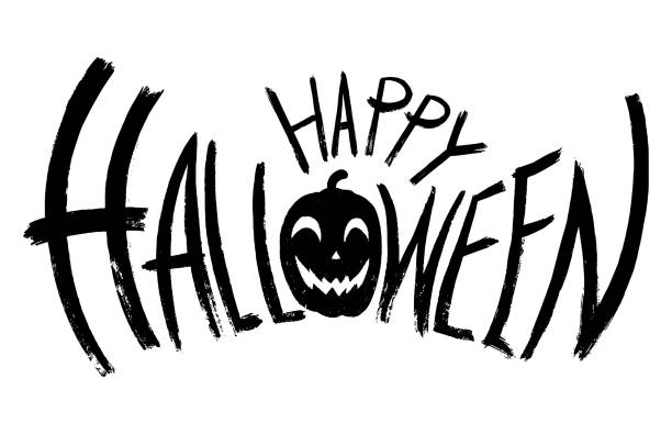 Happy halloween text banner with smile pumpkin ,hand drawn brush isolated on white background, font design , sale template ,website, poster,  vector  illustration Happy halloween text banner with smile pumpkin ,hand drawn brush isolated on white background, font design , sale template ,website, poster,  vector  illustration spider web png stock illustrations