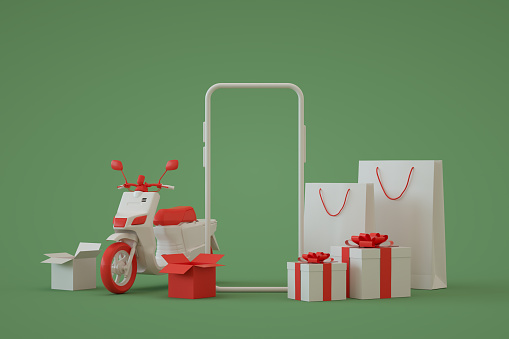 3d render, online shopping, delivery, scooter, motorcycle, supply chain, smart phone mockup, transportation, Christmas, new year concept, mobile application, e-commerce.