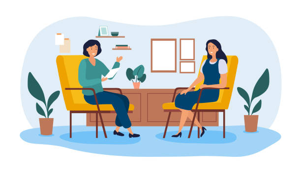Women talking to psychotherapist concept Women talking to psychotherapist concept. Female character shares her mental problems and experiences with specialist. Therapy and improvement of emotional state. Cartoon flat vector illustration counseling stock illustrations