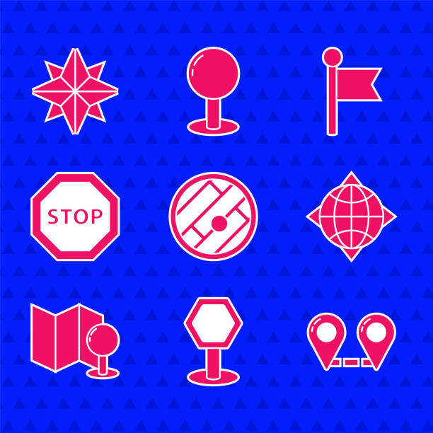 위치, 도로 교통 표지판, 경로, 세계 세계 나침반, 푸시 핀, 정지, 위치 마커 및 바람 장미 아이콘과 접힌지도를 설정합니다. 벡터 - pennant flag red road sign stock illustrations