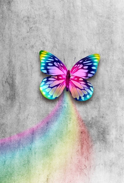 istock Abstract grunge grey concrete background with colorful rainbow butterfly. 1348259163
