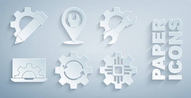 Set Gear and arrows as workflow, Wrench spanner gear, Laptop, Processor, Location with wrench and Pencil icon. Vector Set Gear and arrows as workflow Wrench spanner gear Laptop Processor Location with wrench and Pencil icon. Vector. gears icon white stock illustrations