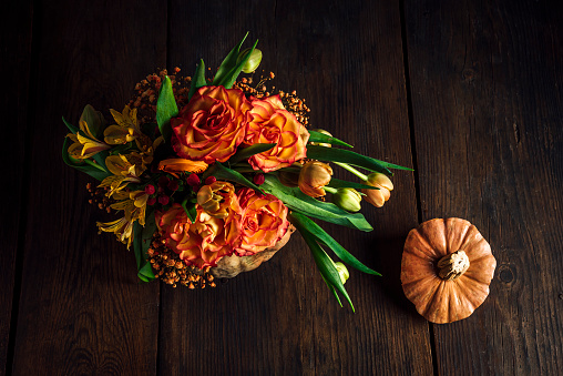 Autumn background of pumpkins, centerpiece. Thanksgiving concept