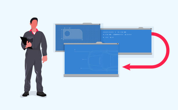 illustrations, cliparts, dessins animés et icônes de illustration vectorielle d’un technicien de maintenance avec des planches de schéma de modification de véhicule - salopette